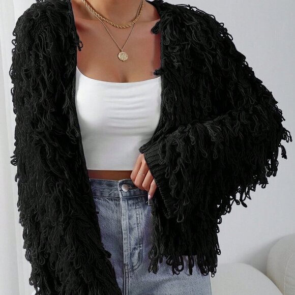 Black Casual Women's Solid Color Coil Knitted Cardigan - Picture 7 of 7